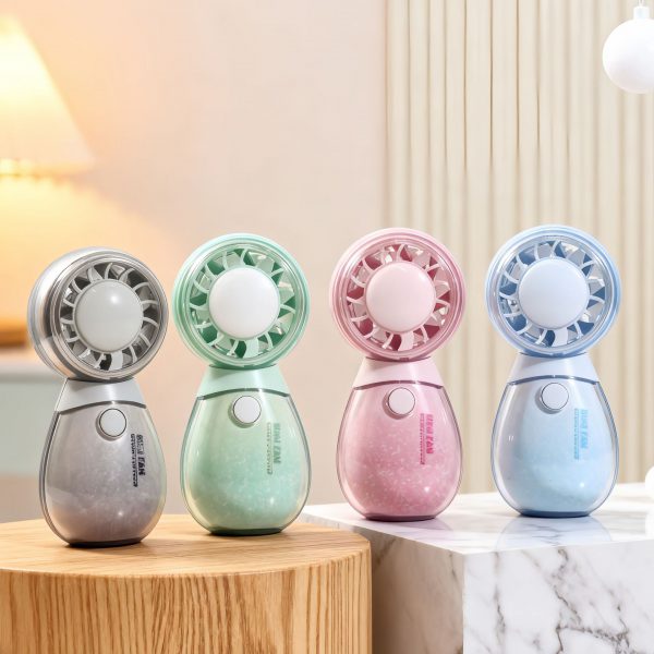 Gray, Green, Pink and Blue English lettering mini handheld fan options; choose one fan