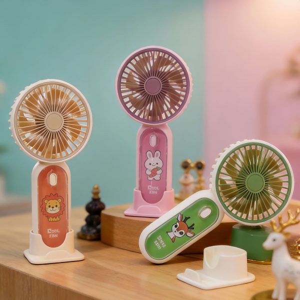 Pink Rabbit, Apricot Lion and Green Deer rechargeable handheld fans on display