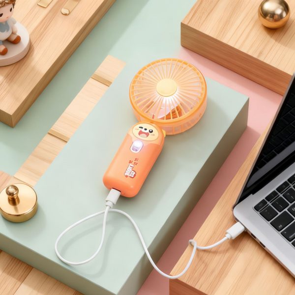 Orange cartoon USB rechargeable fan with charging cable
