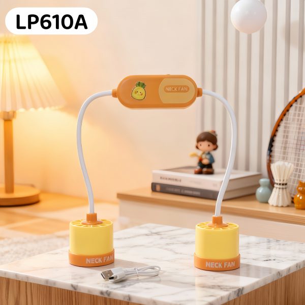 Orange (LP610A) flexible dual-head neck fan with cartoon motif