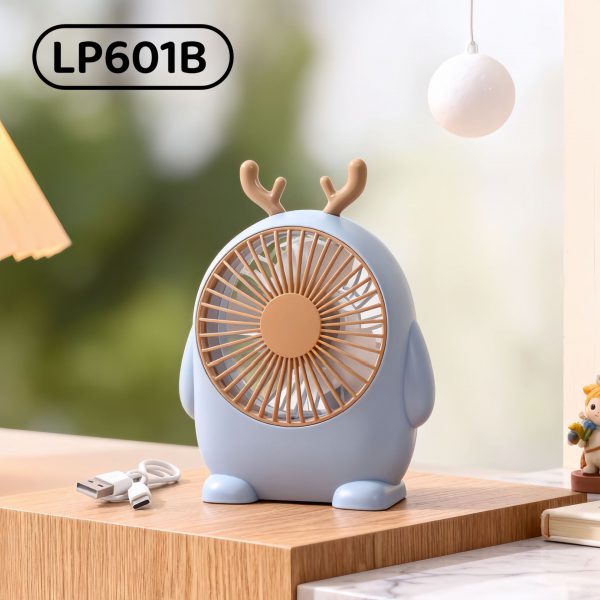 Blue & Yellow rechargeable mini desktop fan in deer design