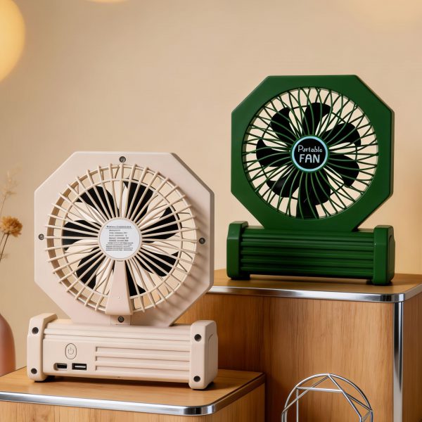 Green and beige octagonal camping fans showing front and rear controls
