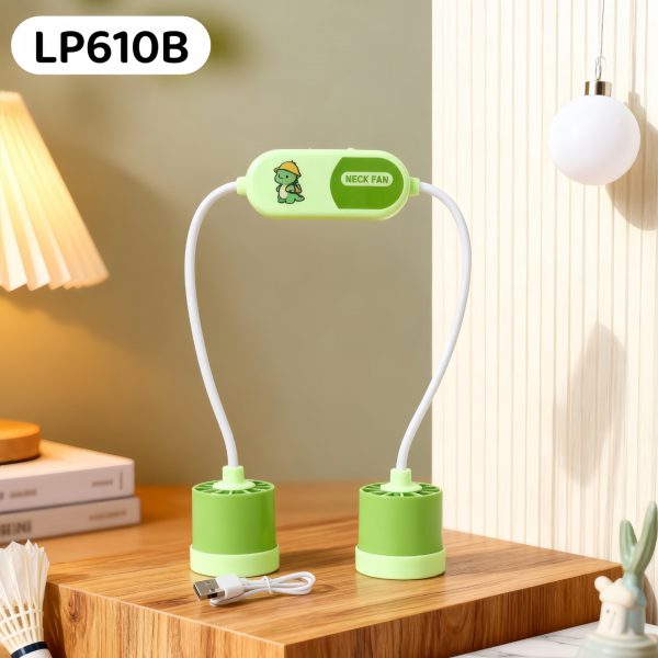 Green rechargeable cartoon neck fan in Style B with flexible arms