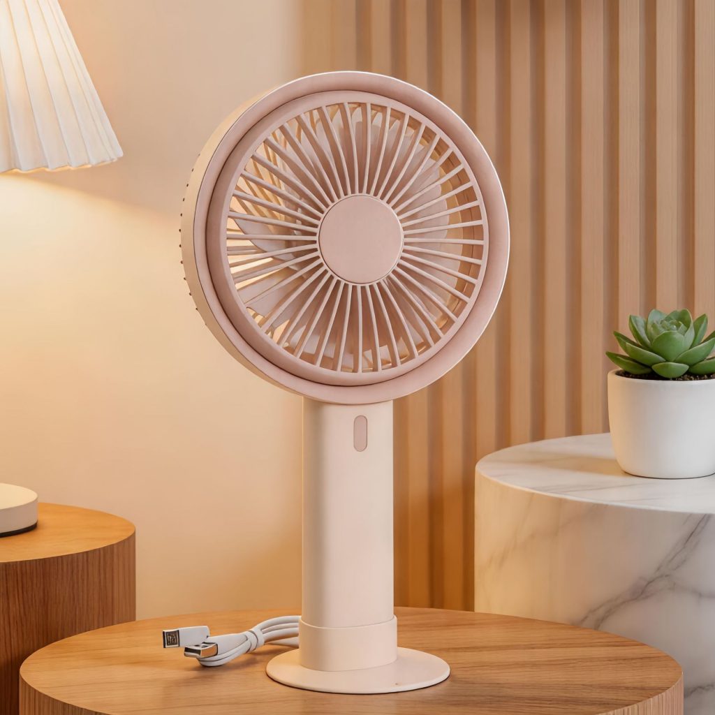 Off-White rechargeable handheld desktop fan with detachable base