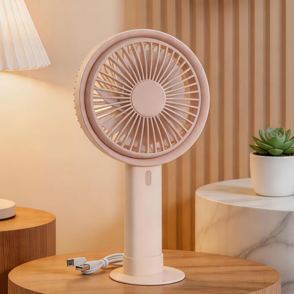 Off-White rechargeable handheld desktop fan with detachable base