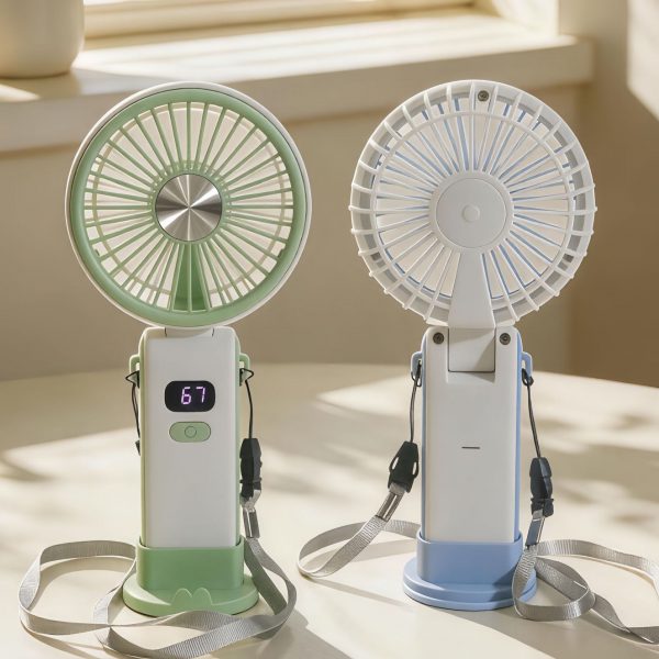 Green front view and Blue rear view of foldable digital-display handheld fans on matching desktop bases; choose one color