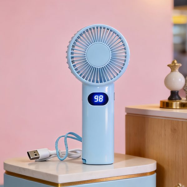 Blue USB rechargeable handheld fan with digital display and carrying strap