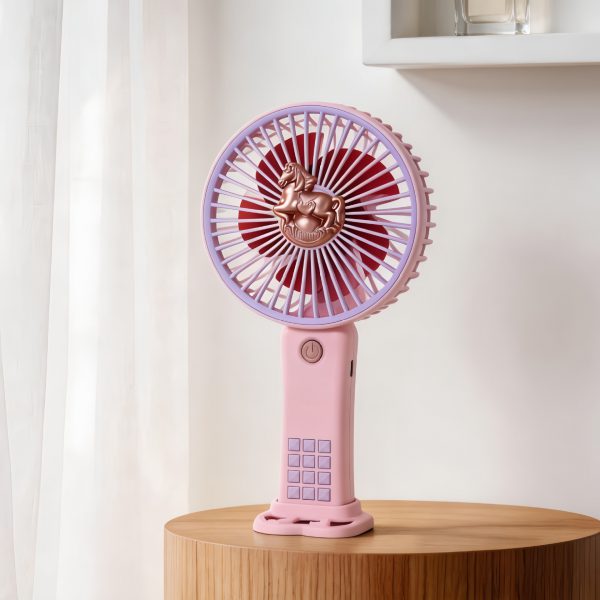 Pink rechargeable mini handheld fan with detachable desktop base