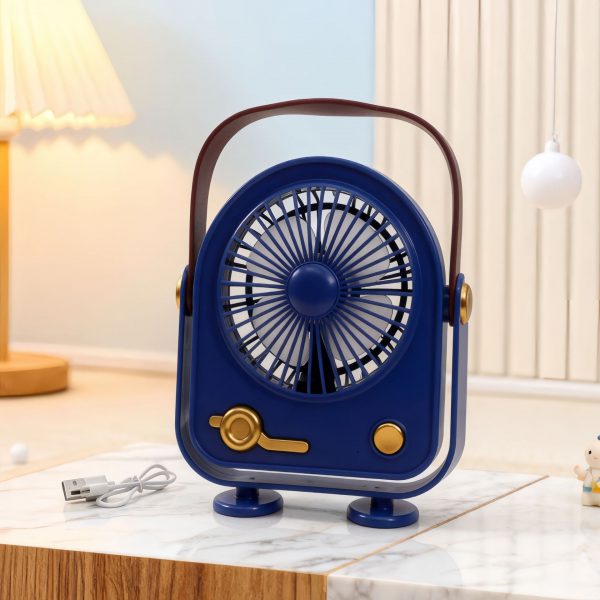 Blue USB rechargeable three-speed desktop fan with carry handle