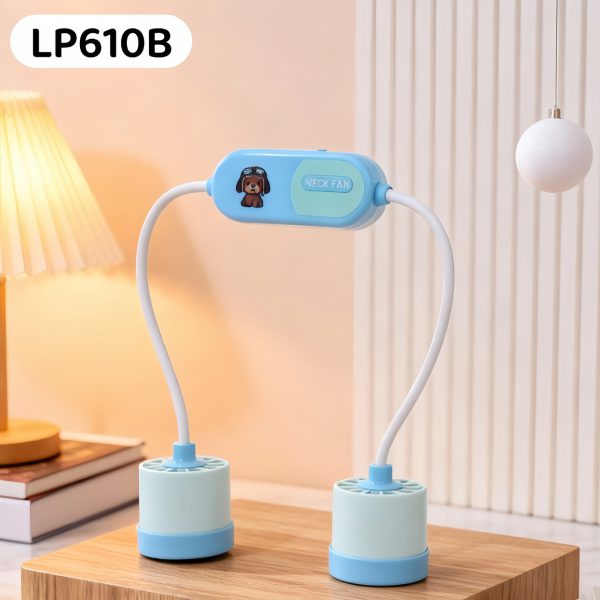 Blue rechargeable cartoon neck fan in Style B with flexible arms
