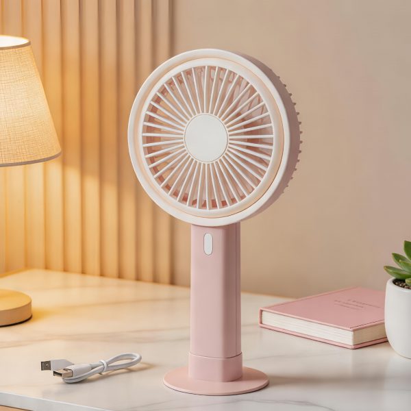 Pink rechargeable handheld desktop fan with detachable base
