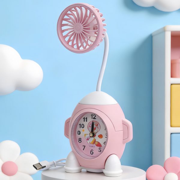 Pink & White rechargeable desktop fan with analog clock and flexible neck