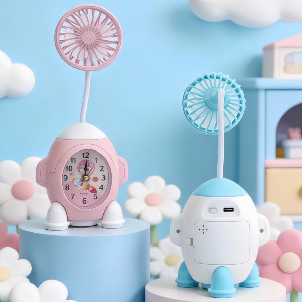 White and Pink clock fan upright beside White and Blue rear view with lowered fan head and charging port
