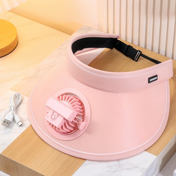 Pink USB rechargeable sun visor hat with built-in adjustable fan