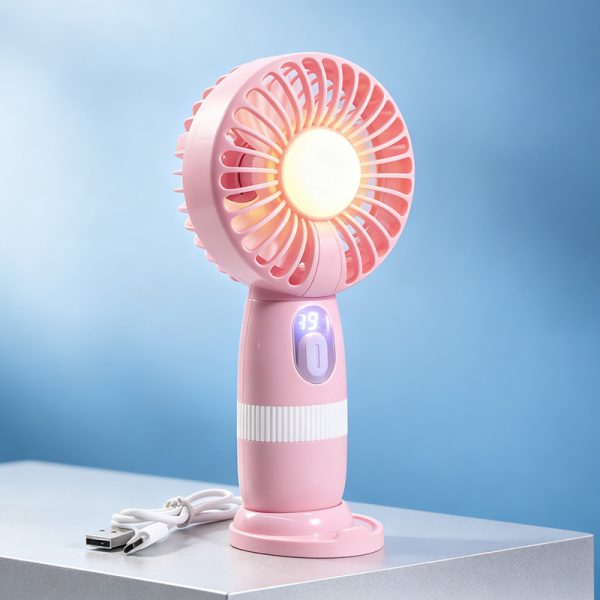 Pink rechargeable handheld mini fan with digital display, light and desktop base