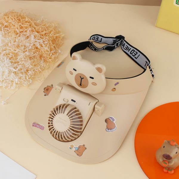Light Brown - Capybara USB rechargeable fan visor hat with adjustable fan angle
