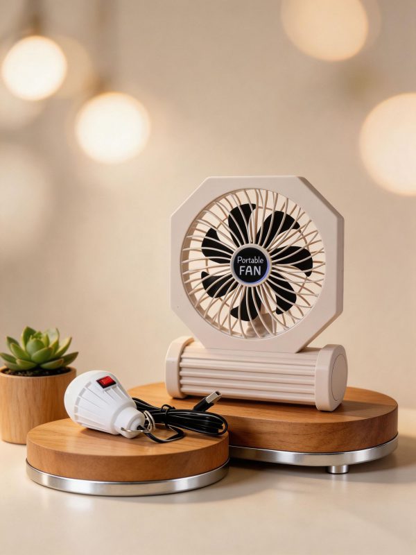 Beige rechargeable octagonal camping fan with separate USB light bulb